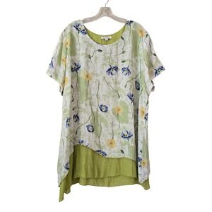 Serengeti Women 2X Green Floral Poppy Sharkbite Hem Layered Tunic Top Summer top